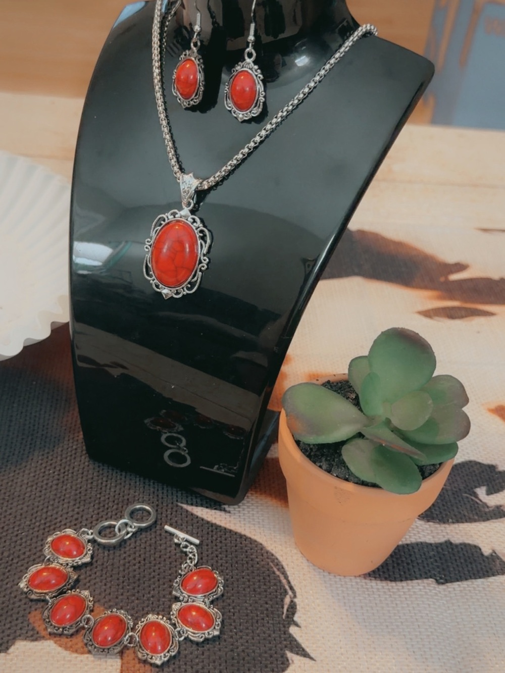 SHEIN Red Stone Silver-Tone Necklace, Earrings & Bracelet Set